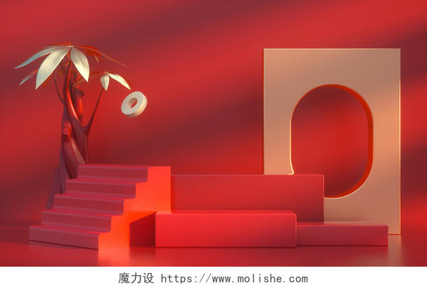 C4D红色创意立体网页电商展台氛围图展示台